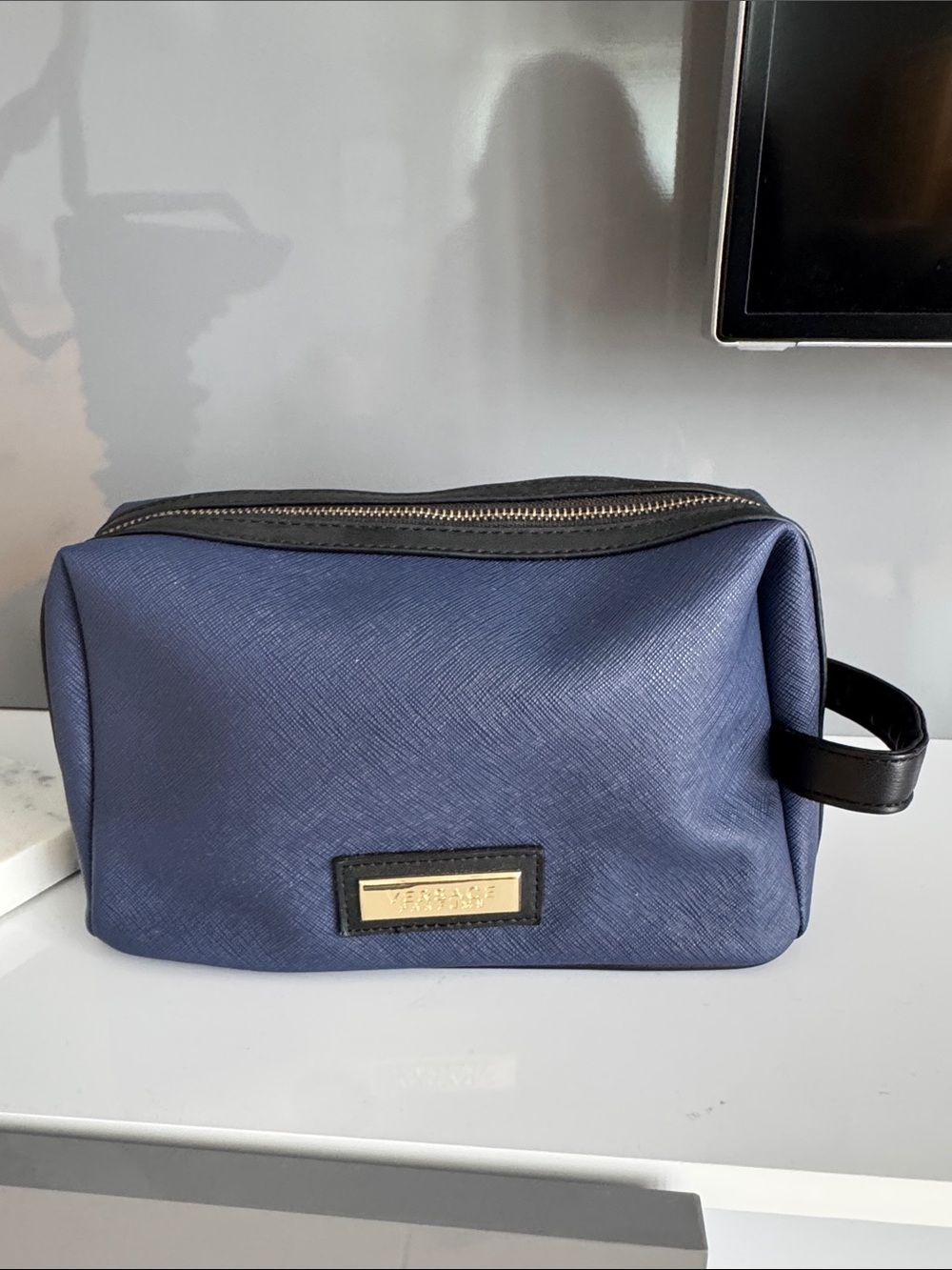 Versace Navy and Black Zip-Top Toiletry Case with Gold Plaque